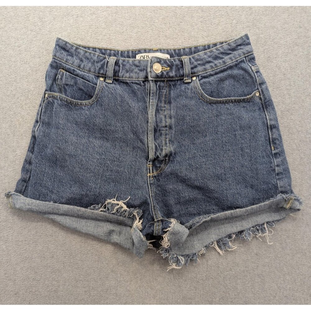 Zara Shorts Womens 8 Blue Denim High Rise Cutoff Distressed Frayed Button Fly